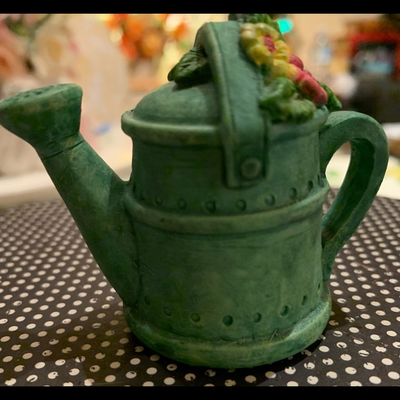 Candle Snuffer w Brass Interior Green Watering Can Topped with Flowers 2 1/2 “ - Picture 5 of 10